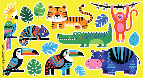 Colorful cartoon jungle animals and tropical leaves on a bright yellow background