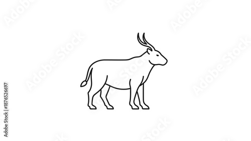 Minimalist line drawing of a majestic wildebeest with elegant horns on a white background