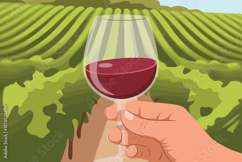 Hand Holding Wine Glass Over Vineyard Rows Wine Tasting and Agriculture Concept