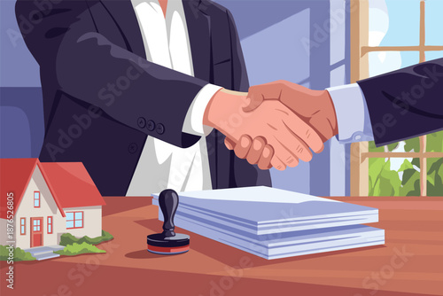 Business Handshake with House Model Property Deal and Partnership Concept