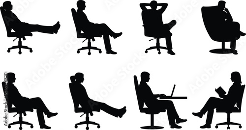 Silhouettes, of, business, people, sitting, in, office, chairs, set, of, professional, men, and, women, working, resting, isolated, vector, collection, icons