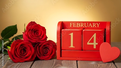 Red roses and a perpetual calendar showing February 14th, the date for Valentine's Day