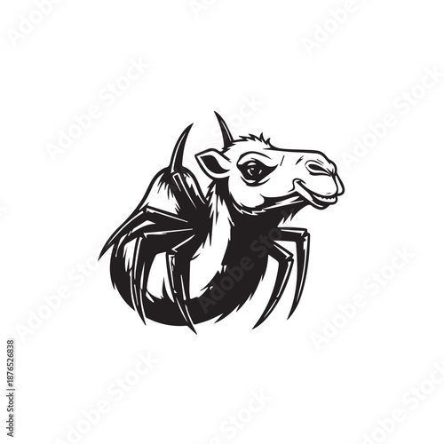 Stylized black and white scorpion illustration featuring bold lineart and a menacing tail.