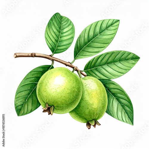 Watercolor painting of ripe guava growing on branch with leaves, garden fruit tree, hand-drawn