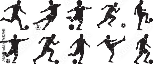 Dynamic soccer player silhouettes showcasing various football actions and movements Vector