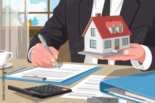 Real Estate Transaction with Model House and Documents Property Deal Concept