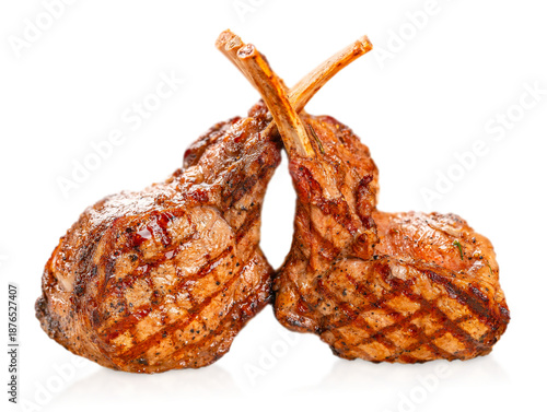 Grilled lamb chops with golden crust and herbs, isolated, perfect for restaurant menu, gourmet cuisine and meat concept