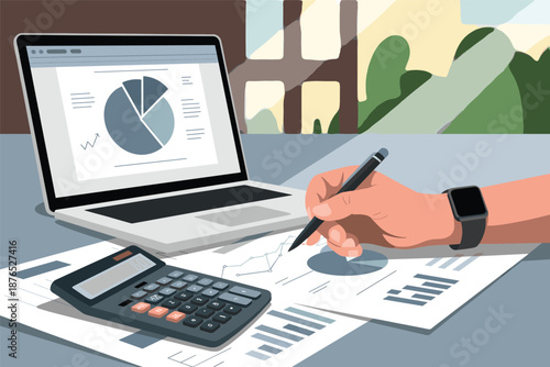 Financial Analysis Desk with Laptop and Calculator Business Strategy Concept