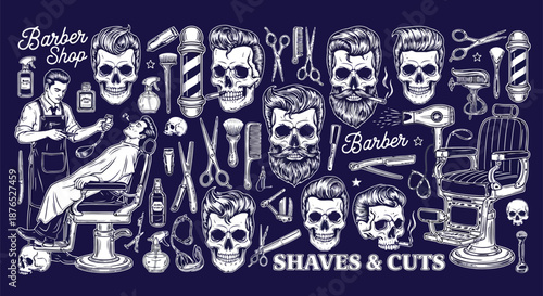 Vintage barber shop illustration with skulls tools and a classic aesthetic