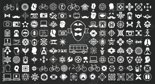 Collection of diverse monochrome icons depicting objects symbols and vintage elements