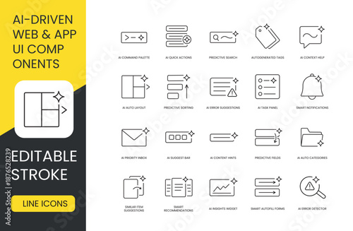 A set of vector icons representing AI-enhanced interface components for web and app design, smart suggestions, layout automation, and error detection, created in line style with editable stroke