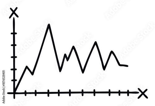 Hand drawn black line graph depicting fluctuating data trends and market changes, ideal for business presentations, financial reports, or educational content.