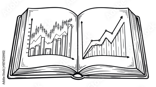 Open book displaying financial charts and statistical graphs, including candlestick and bar charts, perfect for educational materials or business analysis publications.