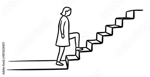 Minimalist black outline drawing depicting an individual steadily climbing a flight of stairs, symbolizing progress, determination, and the path to achievement in business or personal
