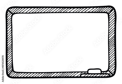 A hand drawn blank whiteboard or blackboard with a striped frame and eraser, perfect for school, education, presentation, or message board communication needs.