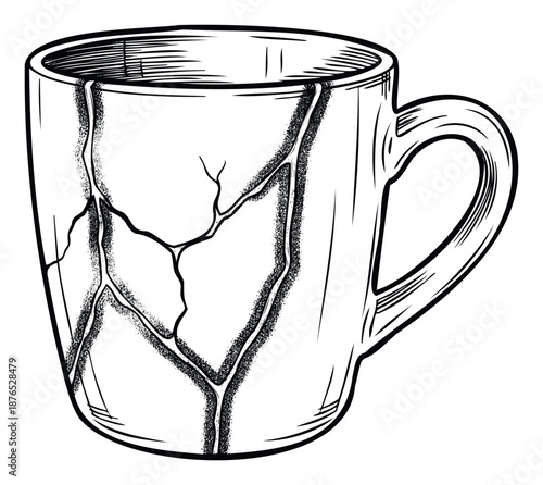 Monochrome graphic of a fractured drinking cup showing intricate lines and stippled textures for symbolic representation of mending and overcoming personal challenges