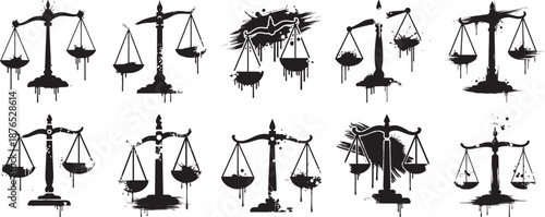 Collection of grunge justice scales representing law and balance with artistic splatter effects Vector
