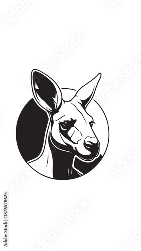 Minimal monochrome illustration of a llama head inside a circle with bold linework and stylized features.