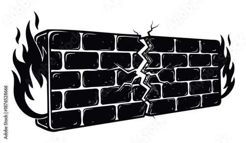 A powerful graphic illustration showing a cracked brick wall with intense flames on both sides, symbolizing destruction, overcoming challenges, or a breaking barrier for various design