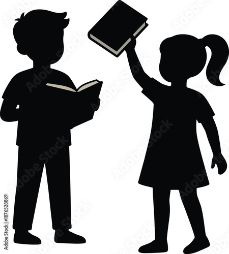 Black Silhouette of Boy and Girl Reading Books, Happy Children Learning and Studying for Primary School Education and Knowledge Vector