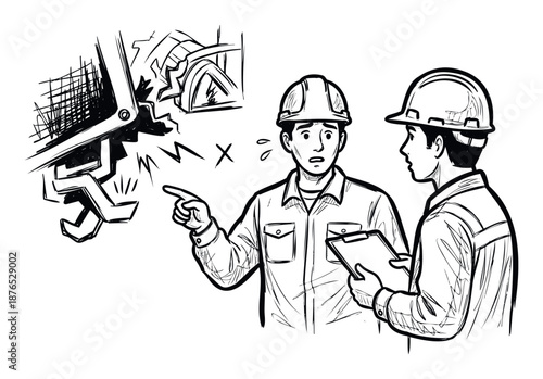 Two construction professionals in hardhats discuss a severe industrial machine malfunction with concern, perfect for safety awareness programs and workplace incident reporting