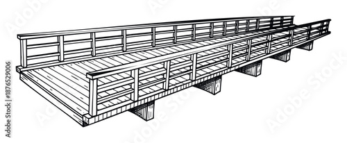 Detailed black and white line drawing of a rustic wooden pedestrian bridge with sturdy railings and structural supports, ideal for architectural or construction related presentations and