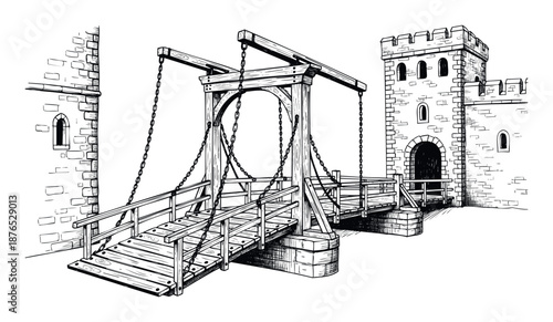 Hand drawn black and white line drawing of a traditional medieval castle drawbridge with chains and wooden structure leading to a fortified tower suitable for historical education or