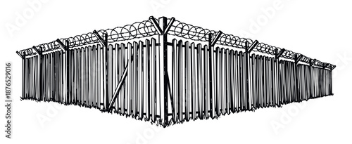 Robust security fence with sharp barbed wire coils providing perimeter protection, ideal for conveying concepts of boundary, restriction, or confinement in various visual projects.