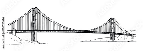Detailed line drawing of a majestic suspension bridge connecting two landmasses across a body of water, suitable for educational materials or architectural presentations.