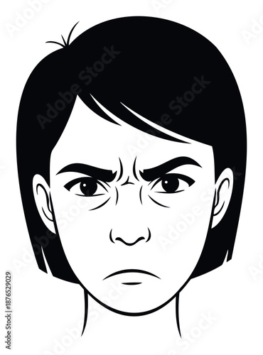 Close up visual of an angry young individual with short dark hair and furrowed brows expressing frustration or annoyance in a bold graphic style for emotional communication