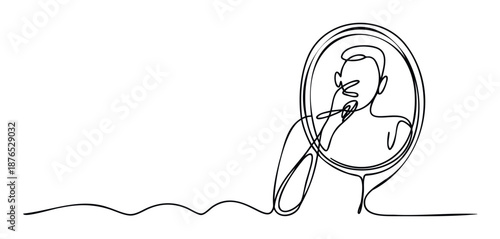 Continuous line drawing of a person brushing teeth in front of a mirror, ideal for dental hygiene campaigns and selfcare promotions