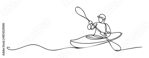 Continuous one line drawing of a person kayaking on water with a paddle, capturing the essence of adventure and sport for athletic, outdoor, or travelrelated content