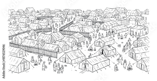 Overhead perspective monochrome line drawing illustrating a bustling temporary shelter community with numerous canvas tents and various groups of people for themes of humanitarian relief