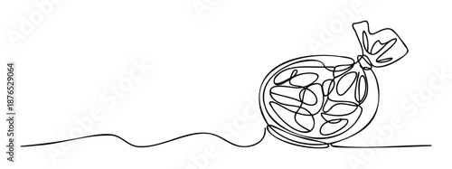 Minimalist one line drawing depicting a sealed bag filled with abstract shapes, perfect for modern packaging concepts, waste management themes, or eco friendly branding materials.