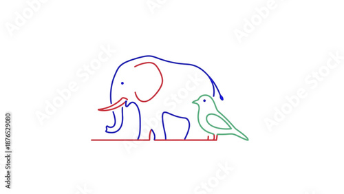 Minimalist Outline Elephant and Bird Line Art, Simple Animal Duo