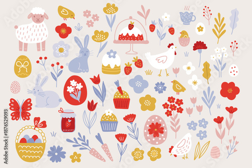 Easter set - sheep, rabbit, chicken, cake, cupcake, butterfly, tulip, carrot, jam, basket hen on white background. Perfect for spring greeting cards, decorations. Vector hand drawn illustration