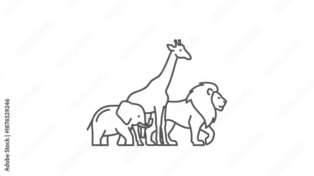 Fototapeta premium Safari Animals Line Art: Elephant, Giraffe, Lion - Minimalist Design