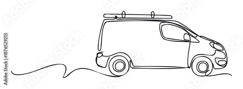 Continuous line drawing of a commercial delivery van with a roof rack, perfect for transportation, logistics, and service business advertisements