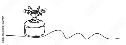 One continuous line drawing featuring a minimalist camping stove and gas canister, ideal for outdoor adventure marketing and product display graphics.