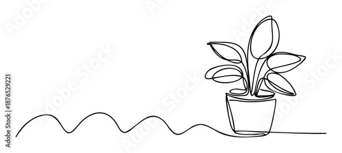 Continuous single line drawing of a potted houseplant creating a modern minimalist aesthetic for interior decoration and botanical themed branding materials