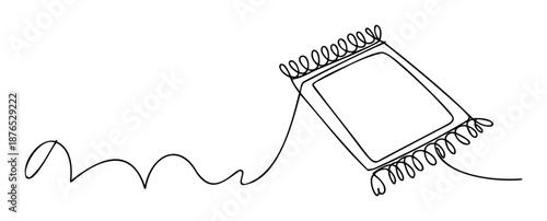 Continuous line drawing of a soft rectangular rug or carpet with playful curled ends, symbolizing comfort and flow, ideal for home decor blogs, textile design promotions, or minimalistic