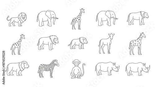 Safari Animals Line Art Collection: Lion, Elephant, Giraffe, Zebra, Rhino, Monkey