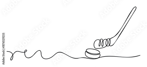 Minimalist continuous line drawing of an ice hockey stick striking a puck, ideal for athletic competition promotions, sportthemed event branding, or winter game marketing materials.