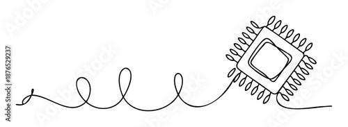 A continuous one line drawing depicts a modern computer chip connected by a winding wire, symbolizing digital technology and electronic communication for presentations, websites, or
