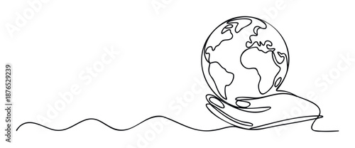 Minimalist one line drawing of human hands carefully cradling the planet earth, representing world care and unity for environmental awareness campaigns and social responsibility visuals
