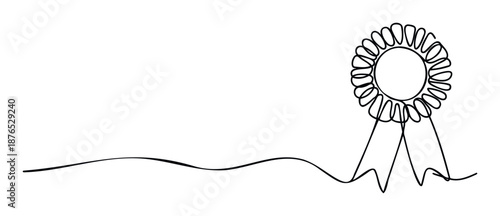 Continuous line drawing of a rosette award with flowing ribbons, symbolizing achievement and success, perfect for presentations, certifications, or motivational content for business.