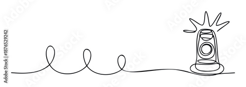 A single continuous line forms several looping curves and connects to a stylized alarm or flashing alert light, ideal for conveying concepts of connection, warning, or communication in