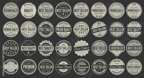 Collection of vintage style badges and labels with quality and best seller text
