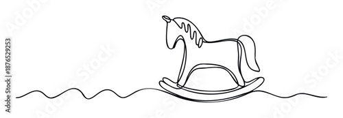 Continuous single line drawing of a classic childrens rocking horse toy perfect for nurseries, baby shower invitations, minimalist decor, and childhood memories projects.