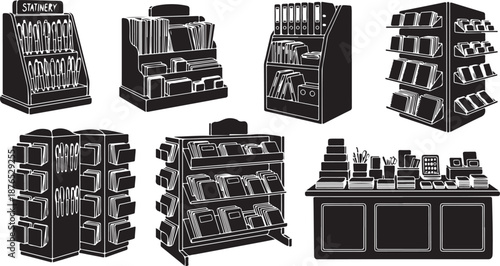 Illustration of various cosmetic product display stands and shelves